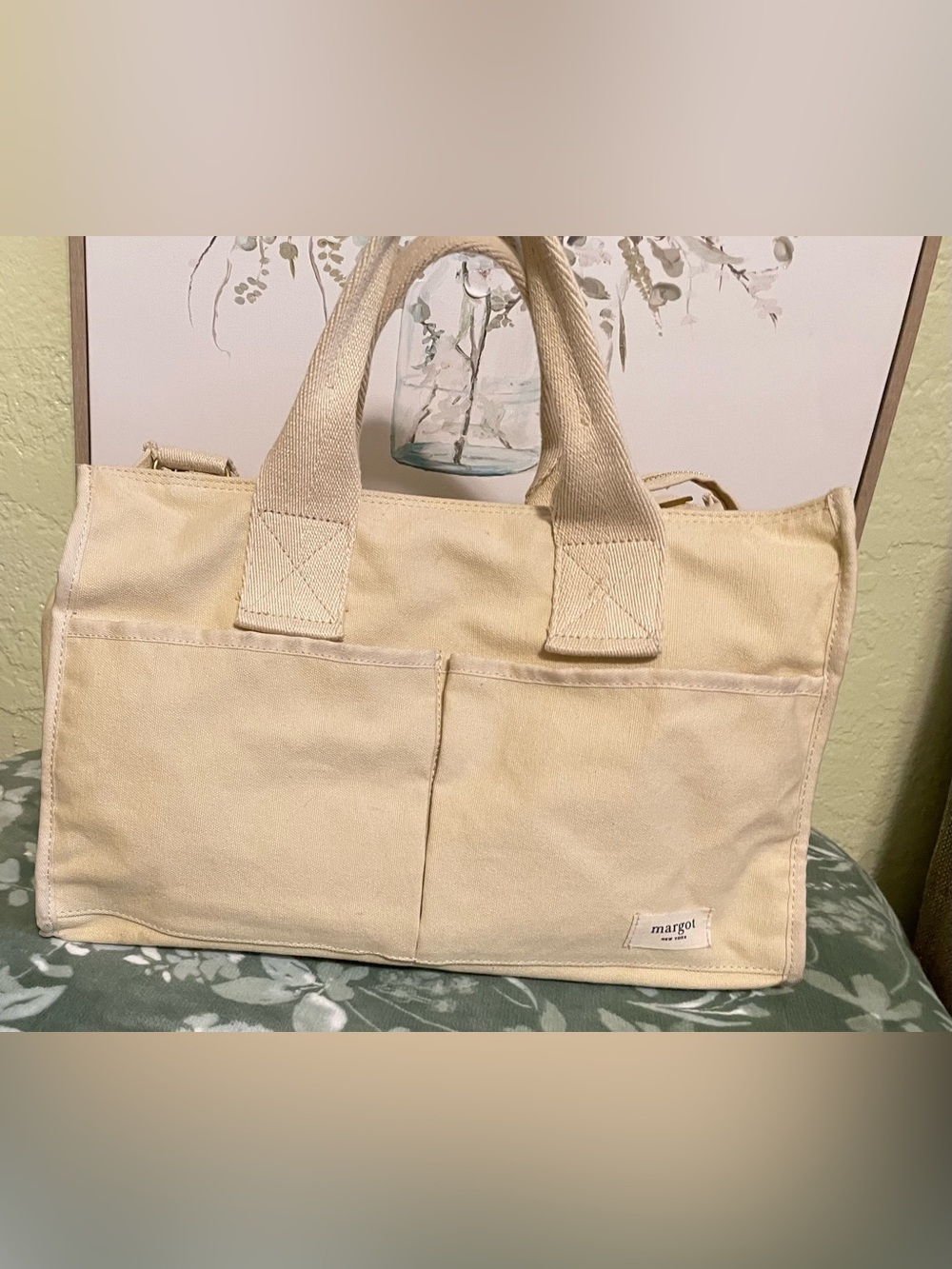 margot New York Cream Canvas Tote handbag with Front Pockets